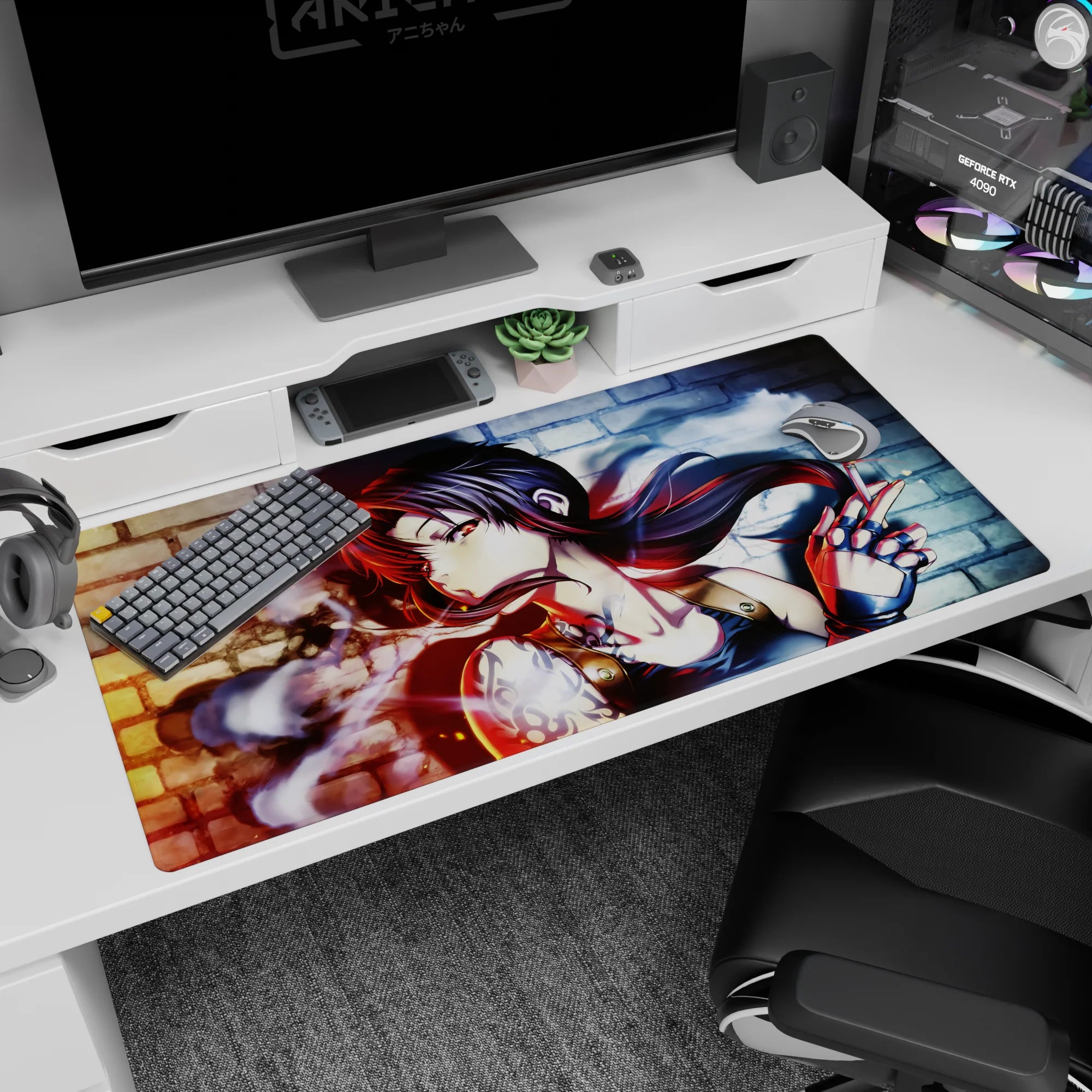 Piercing-eyed anime girl with long black hair against a brick wall desk pad 40x20 inches.
