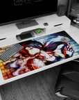 Piercing-eyed anime girl with long black hair against a brick wall desk pad 40x20 inches.