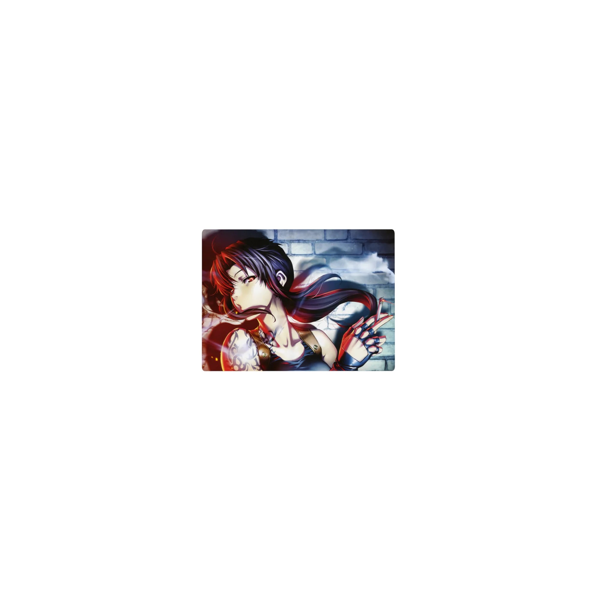 Classic anime girl mouse pad 14x10 inches with brick wall backdrop, tattoos, fingerless gloves, neon glow.