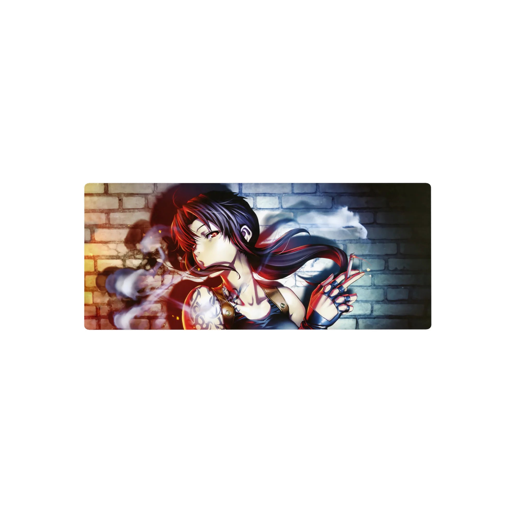 28x12 inches anime girl mouse pad with neon-lit black hair, tattoos, fingerless gloves, brick wall art.