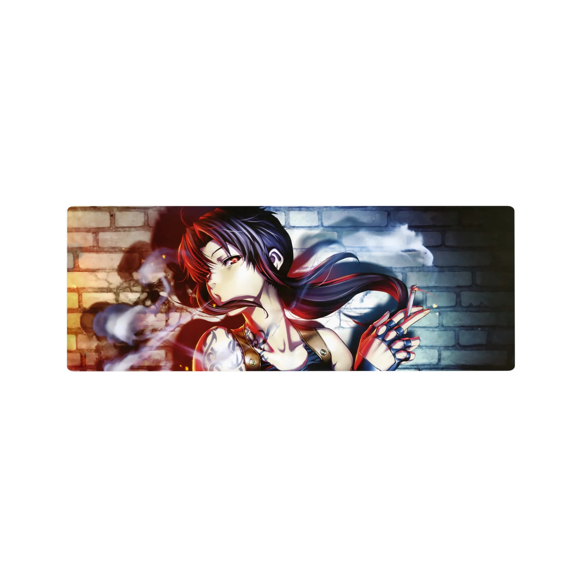 32x12 inches anime girl mouse pad with neon-lit black-haired bad-girl art on brick wall backdrop.