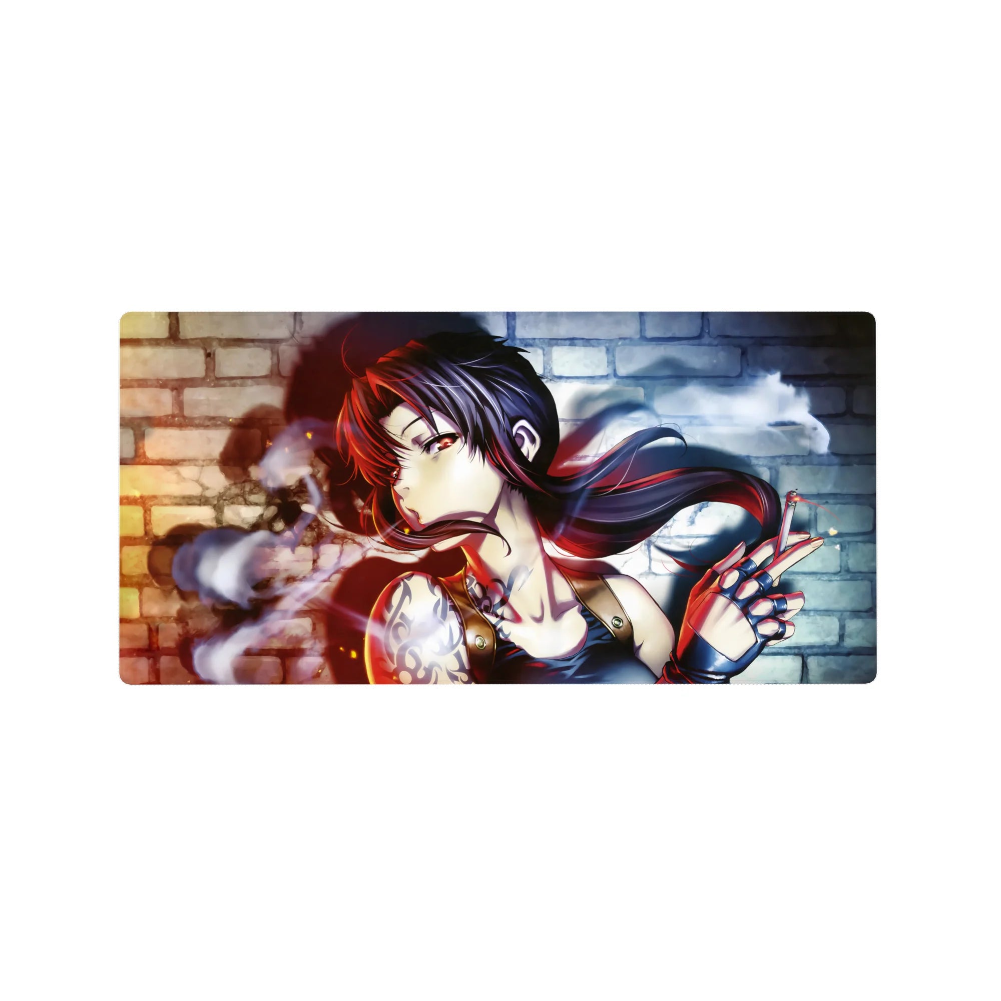 32x16 inches anime girl mouse pad with neon-lit bad girl on brick wall, tattoo and fingerless gloves.