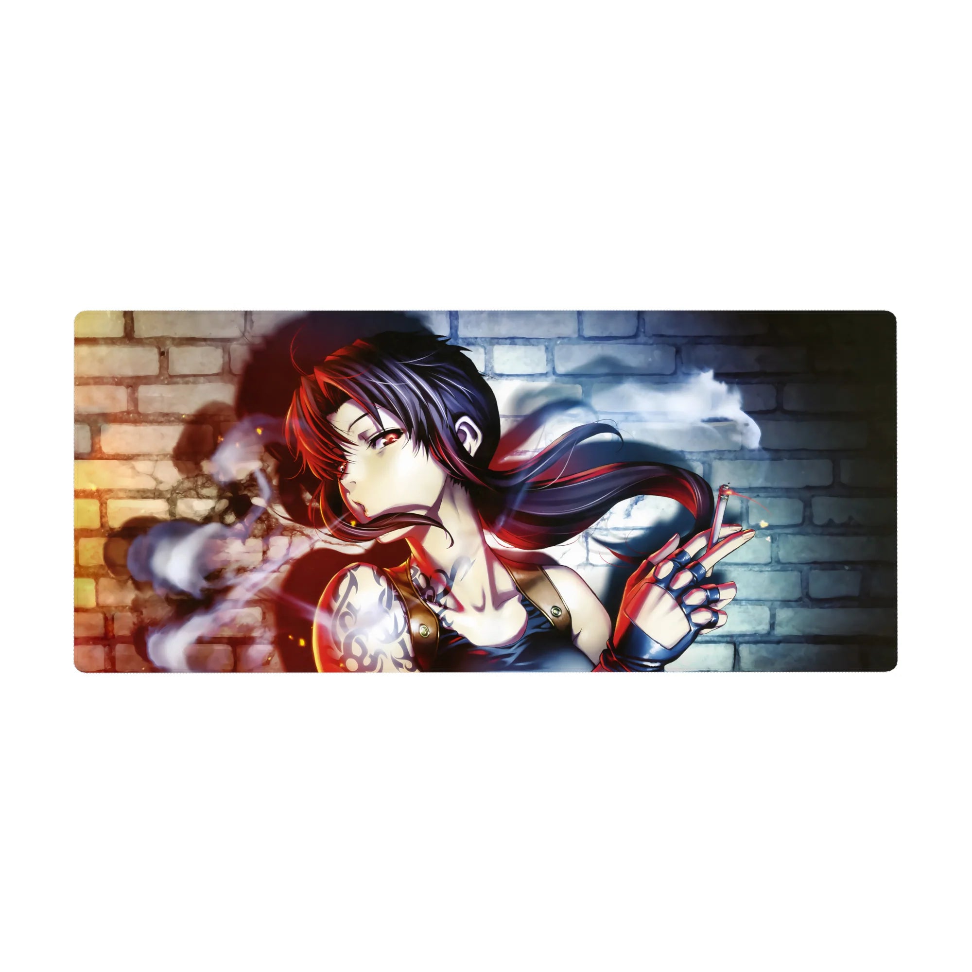 Anime girl desk pad 36x16 inches with brick wall backdrop, smoky swirls, and neon-lit black hair.