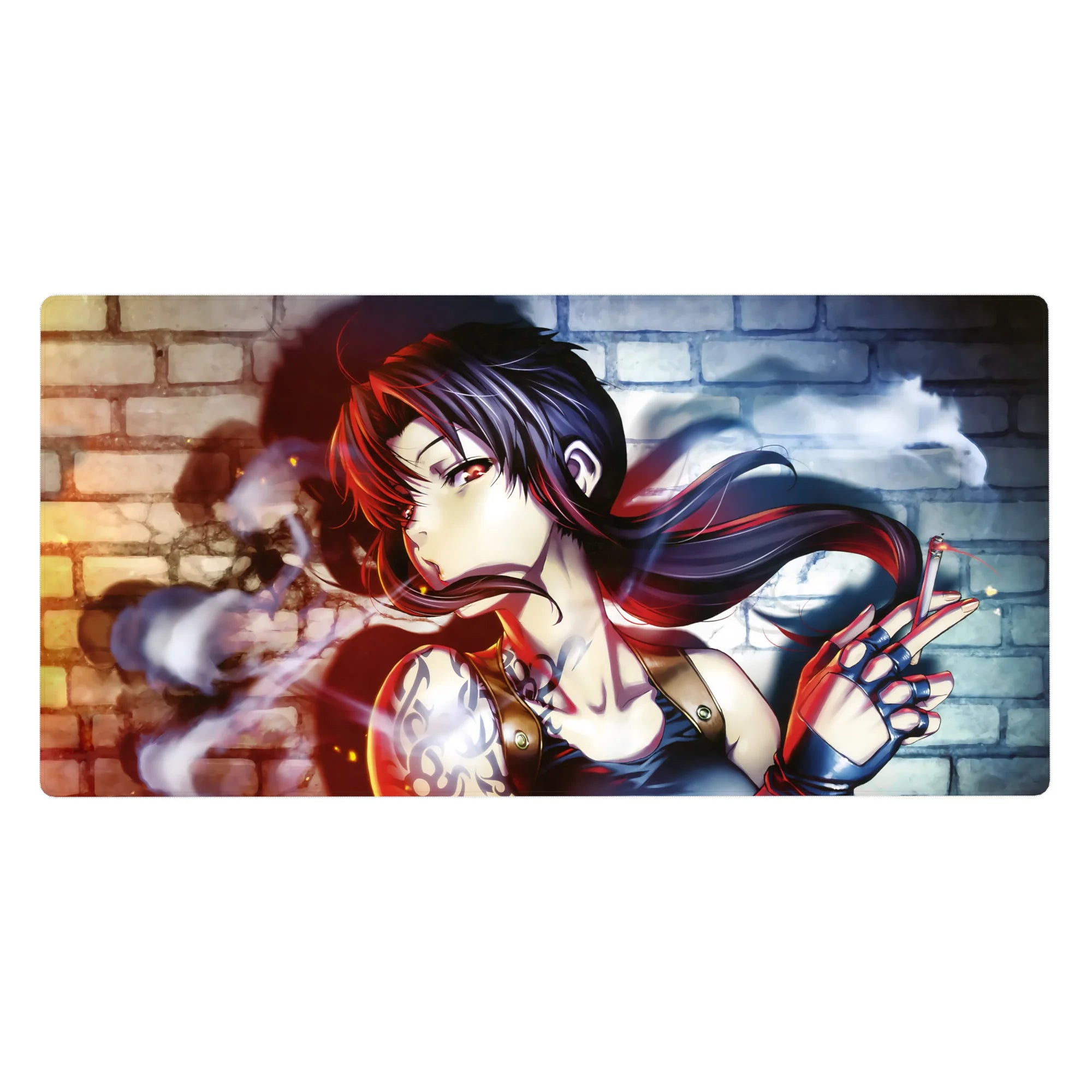 Anime girl desk pad 40x20 inches with brick wall backdrop, tattooed shoulder, and fingerless gloves.