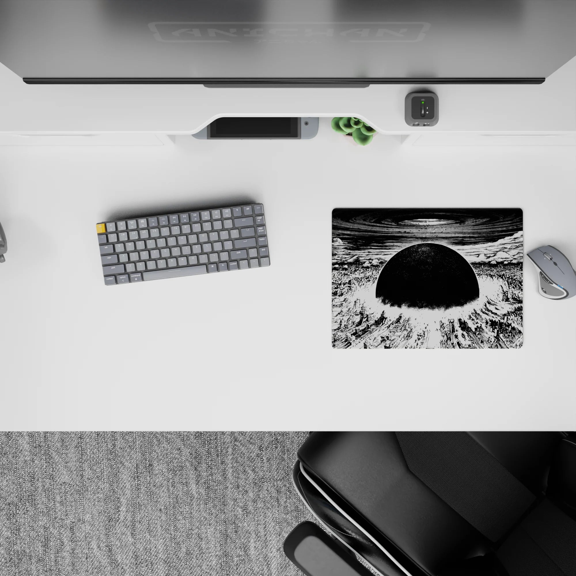 Monochrome classic anime mouse pad 14x10 inches, high-contrast noir mood with stormy pressure-wave sky.