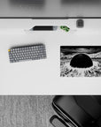 Monochrome classic anime mouse pad 14x10 inches, high-contrast noir mood with stormy pressure-wave sky.