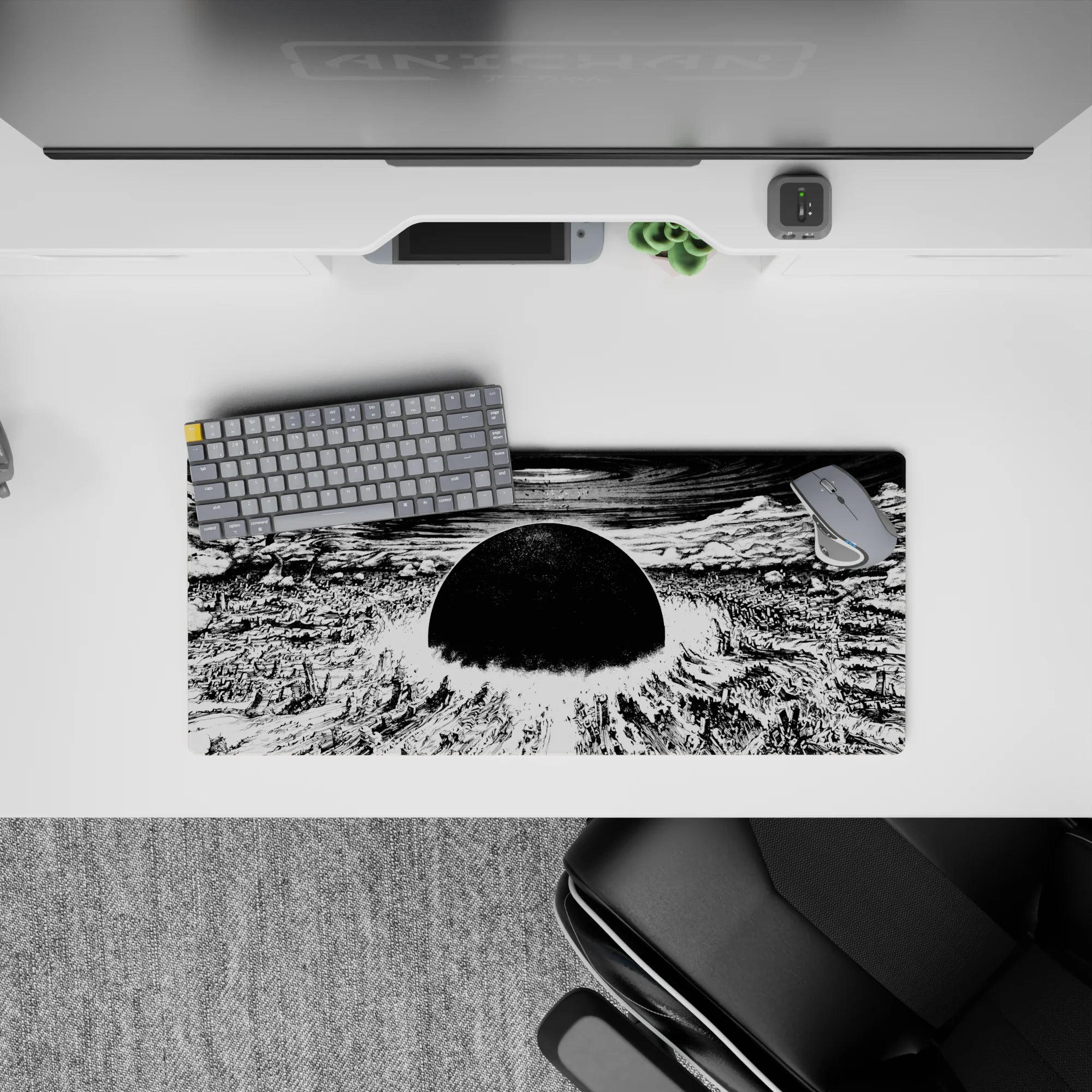 28x12 inches monochrome anime mouse pad, high-contrast noir doom vibe with rippling sky pressure waves.