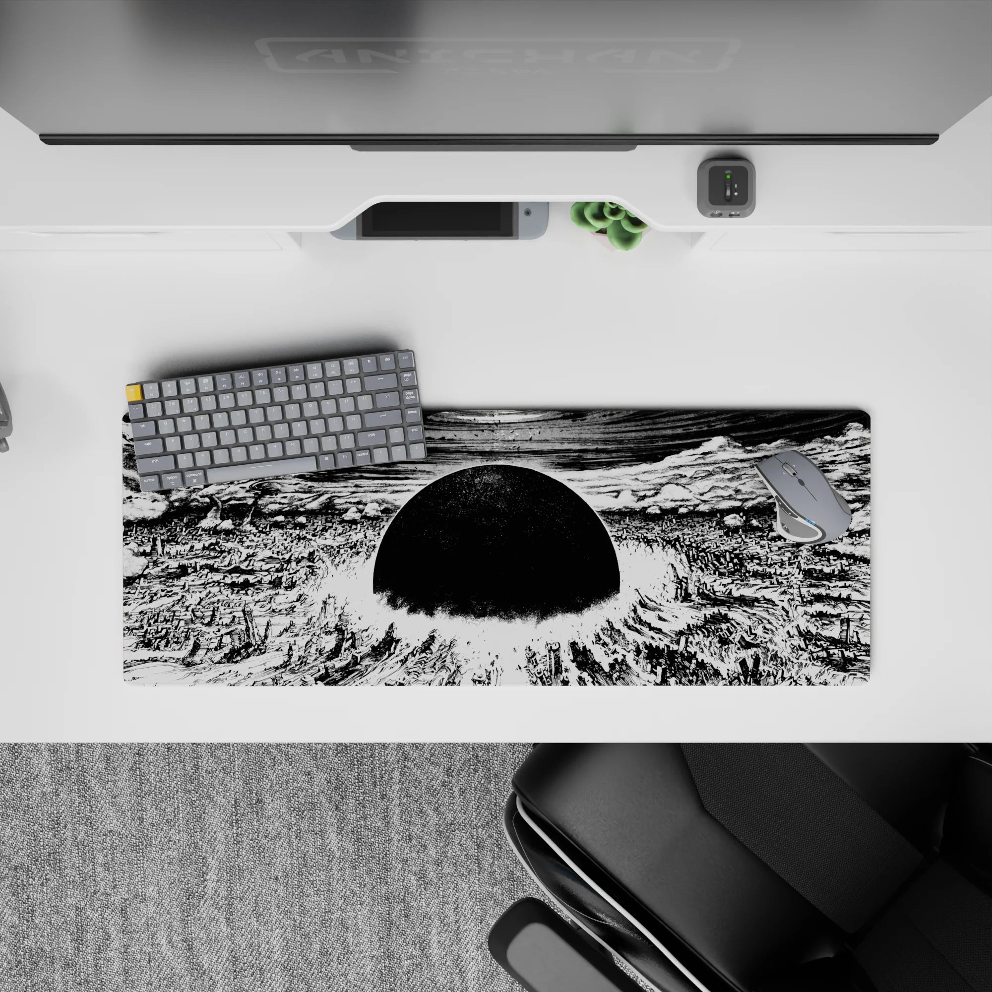 32x12 inches monochrome anime mouse pad, high-contrast black and white apocalypse mood with storm swirls.