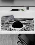 32x12 inches monochrome anime mouse pad, high-contrast black and white apocalypse mood with storm swirls.