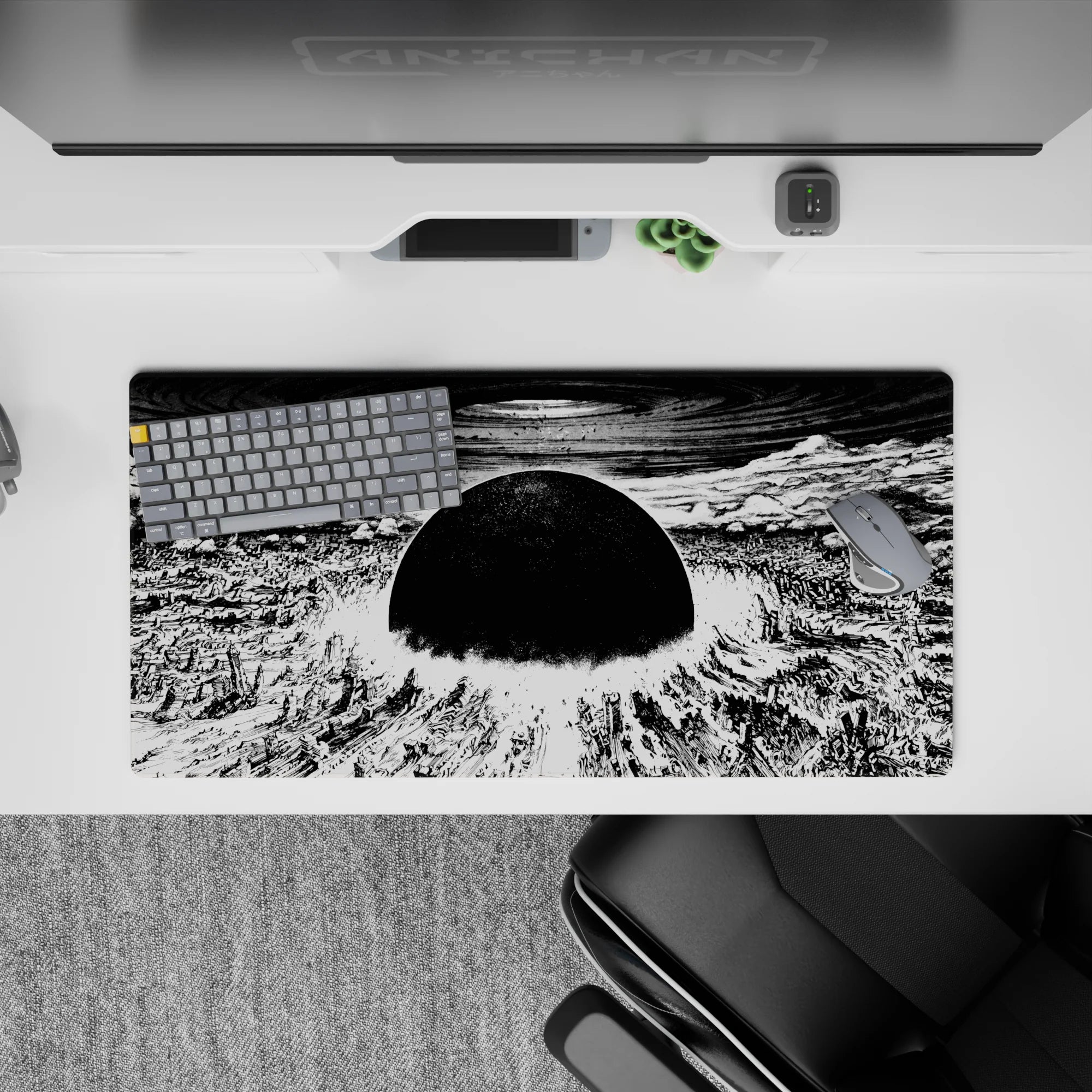 32x16 inches monochrome anime mouse pad, high-contrast black and white apocalypse mood with rippling sky.