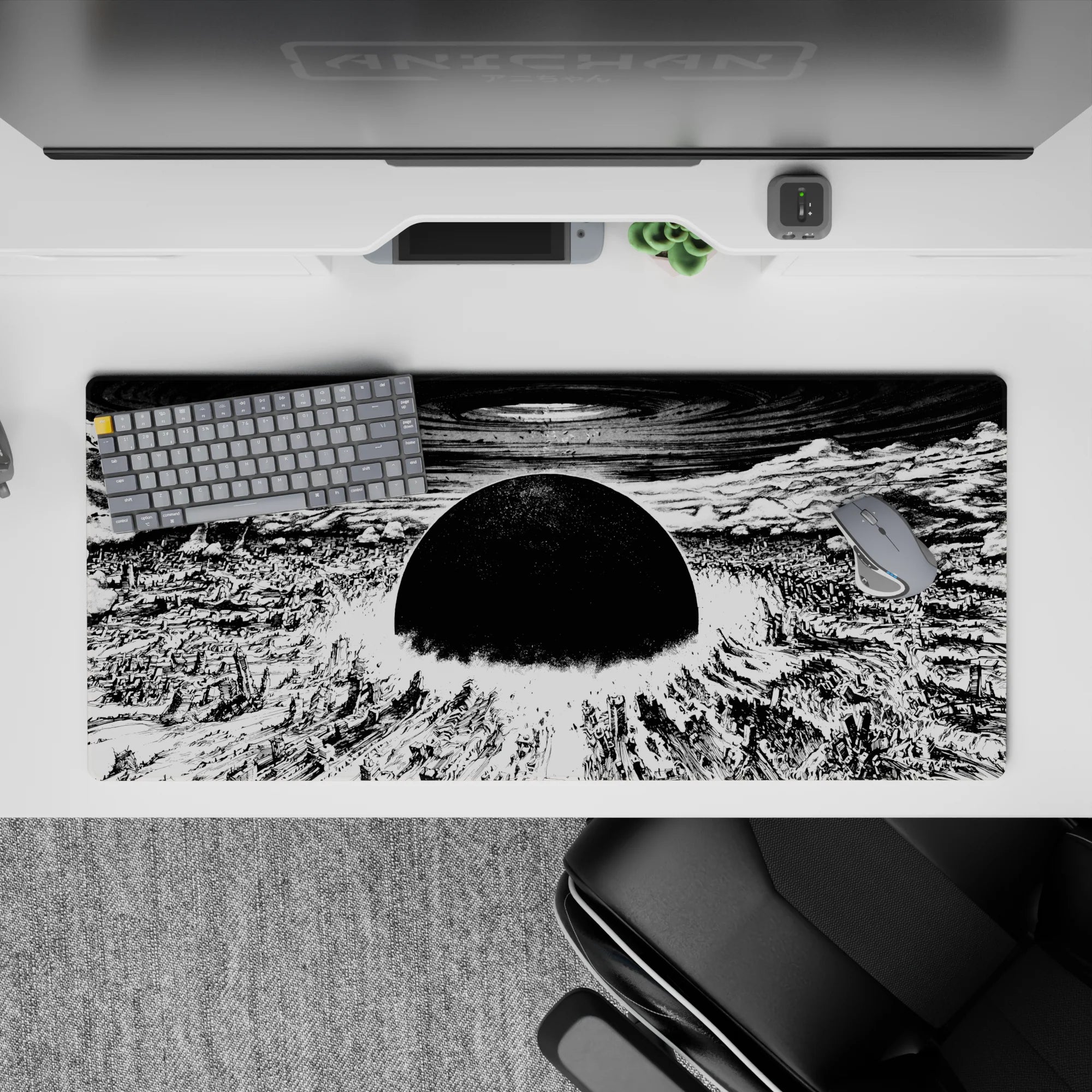 36x16 inches monochrome anime desk pad, high-contrast black and white with stormy swirls, tense calm mood.