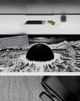36x16 inches monochrome anime desk pad, high-contrast black and white with stormy swirls, tense calm mood.