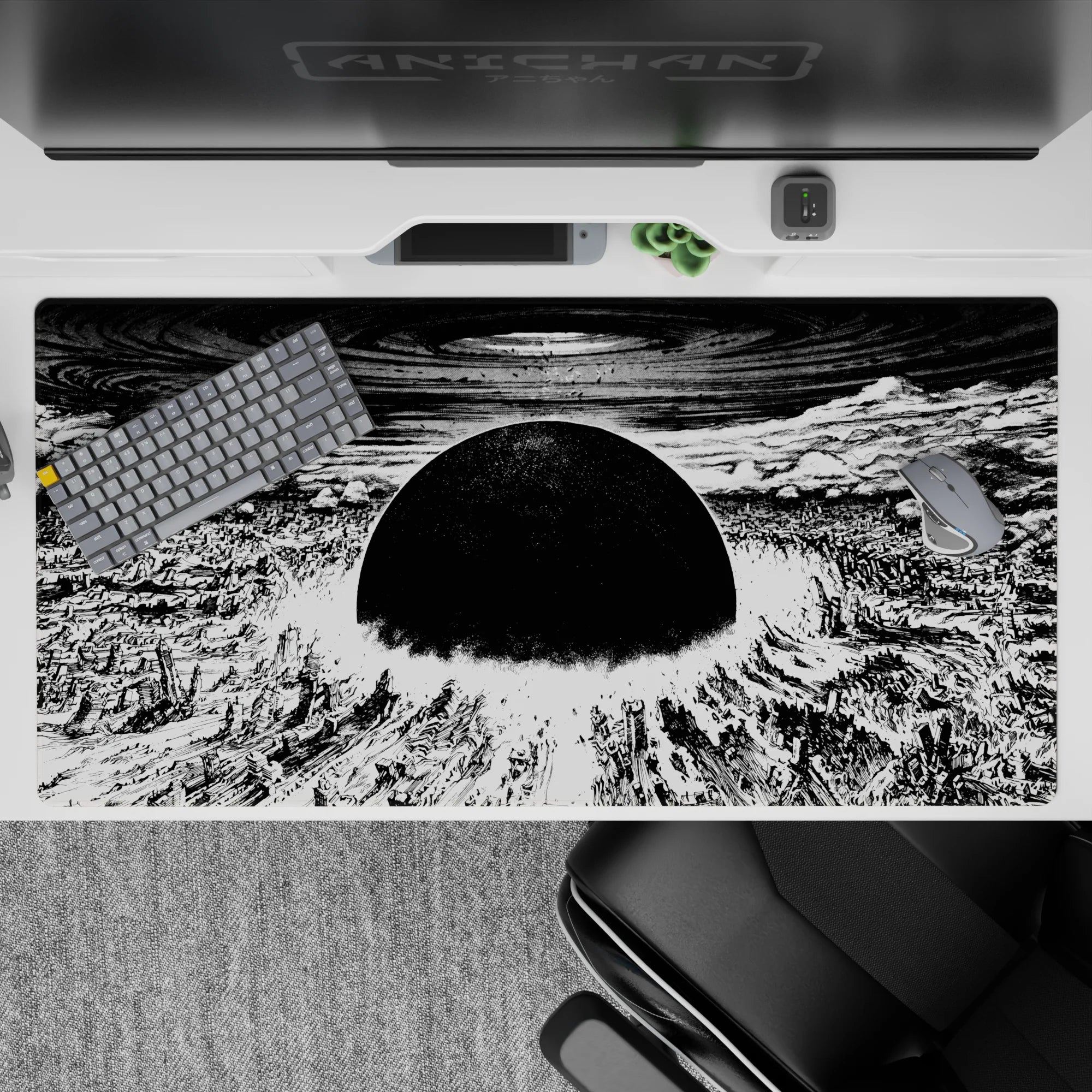 Monochrome 40x20 inches anime desk pad, high-contrast black and white with tense apocalyptic calm.