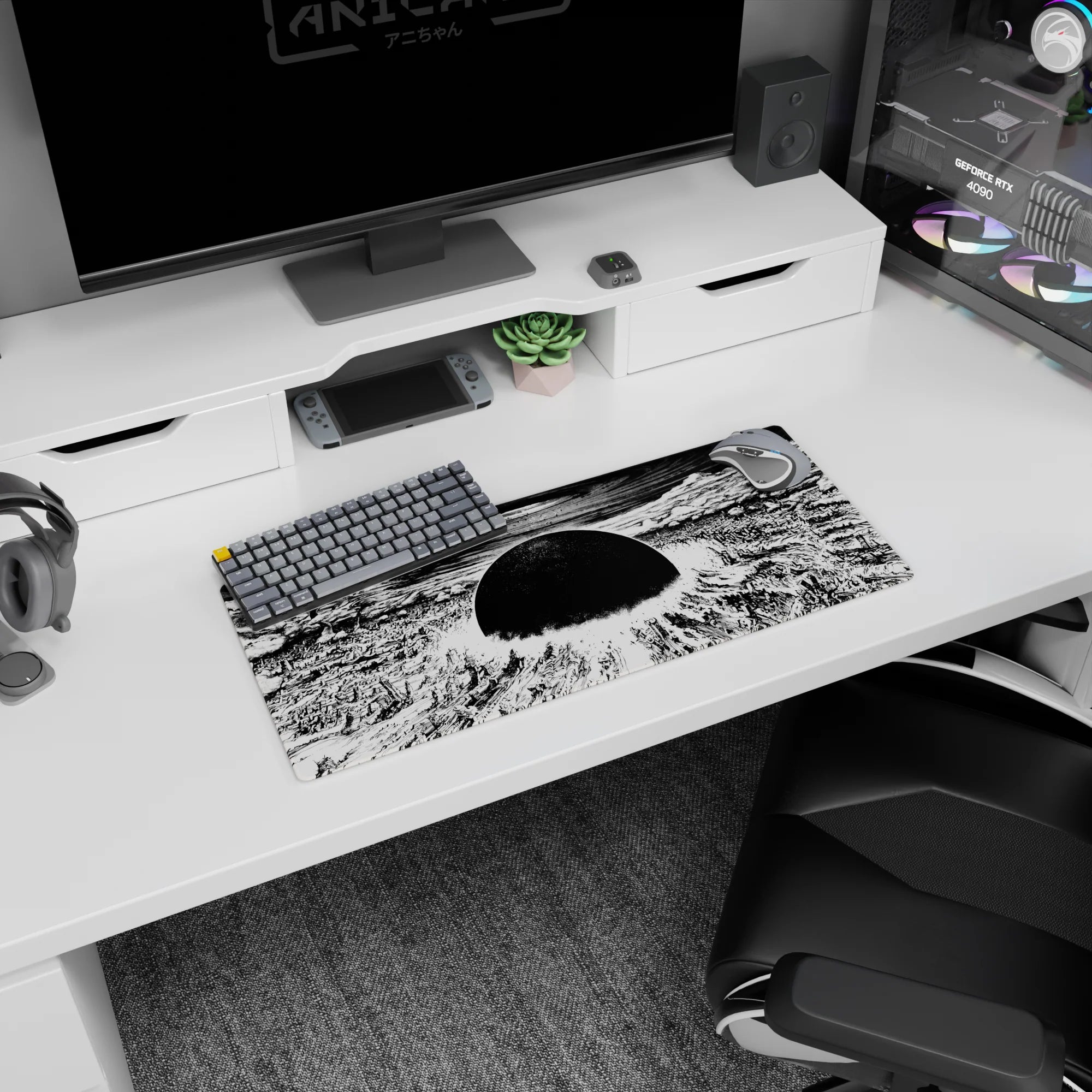 28x12 inches anime mouse pad showing broken towers under a halo blast ring and ominous black sun.