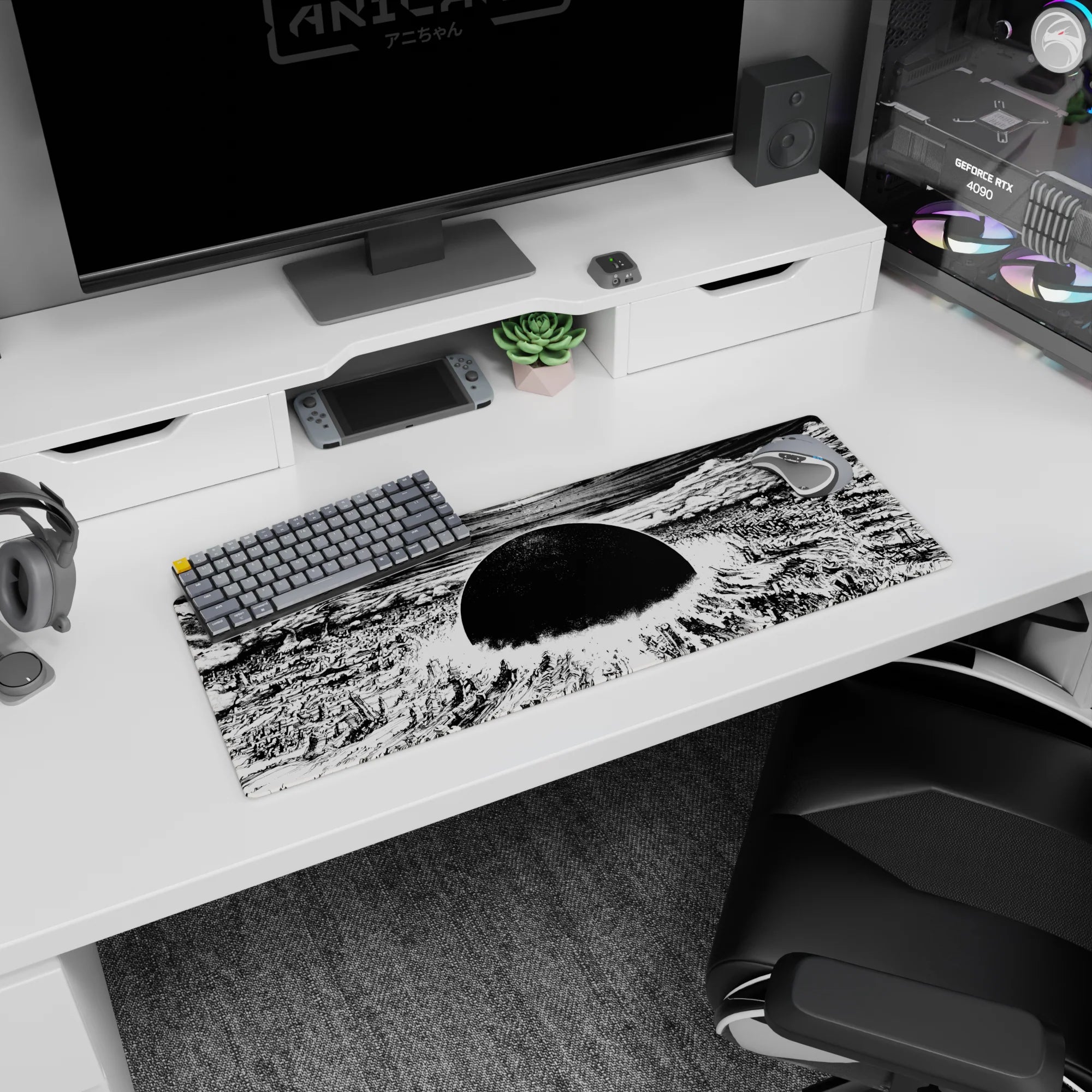 32x12 inches anime mouse pad showing broken towers under a black sun with a glowing blast ring centerpiece.