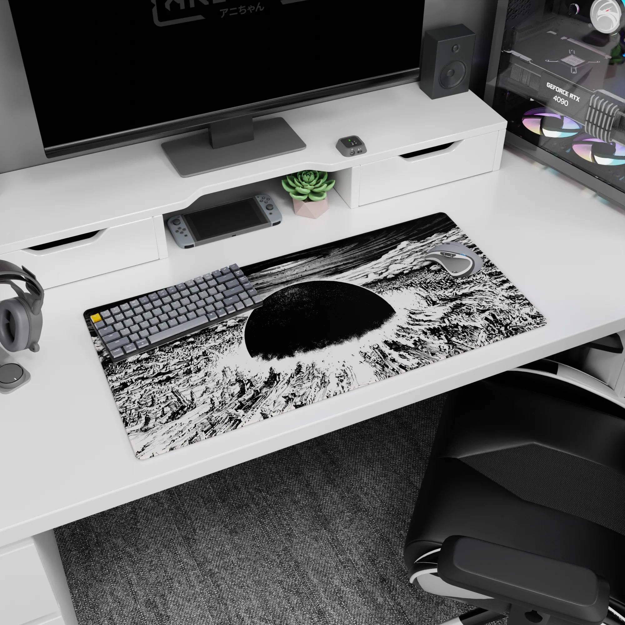 32x16 inches anime mouse pad showing broken towers under a dark sun, storm swirls and halo-like shockwave.