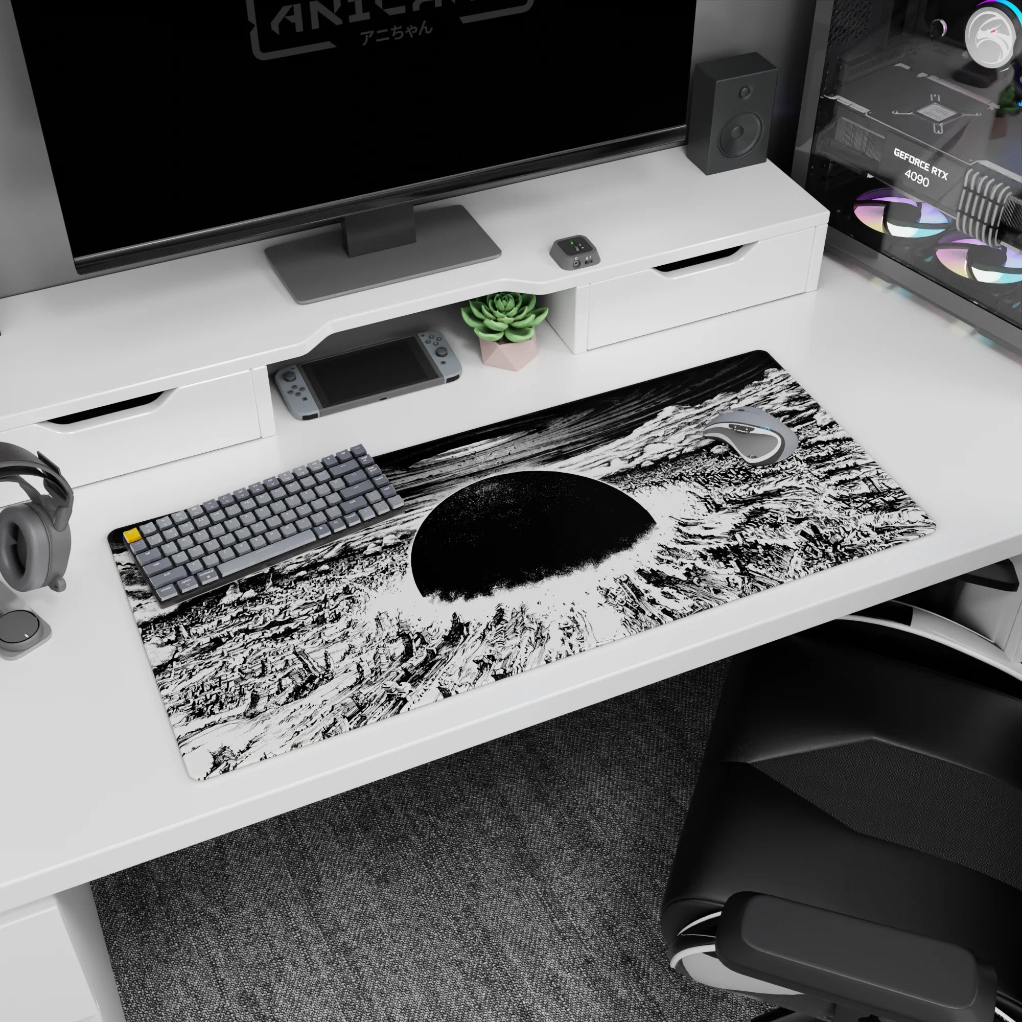 36x16 inches anime desk pad showing broken towers under a black sun, ripple sky like shockwaves.