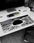 36x16 inches anime desk pad showing broken towers under a black sun, ripple sky like shockwaves.