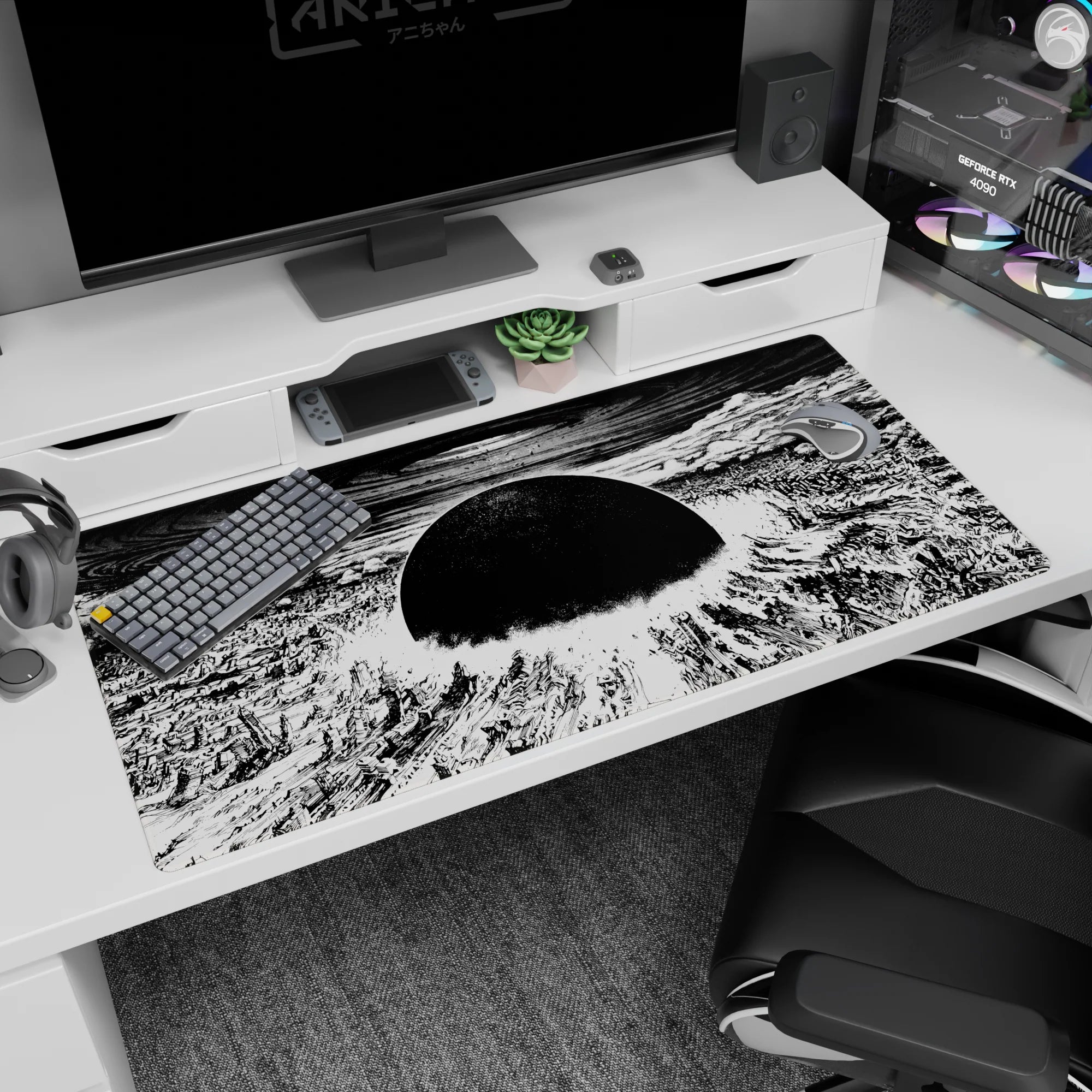 40x20 inches anime desk pad showing a halo blast ring above ruined towers under a stark black sun.