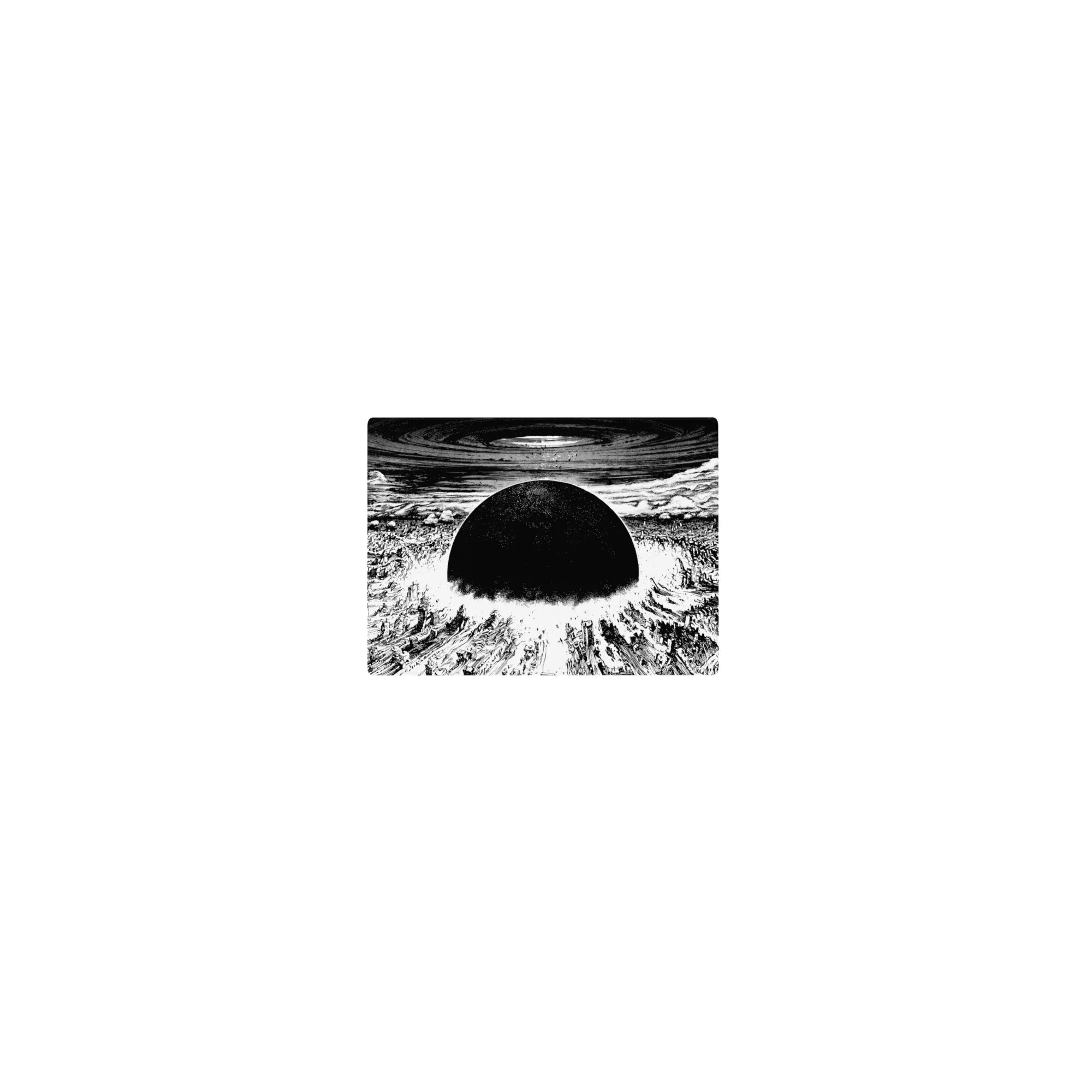 Classic anime mouse pad 14x10 inches with black sun over shattered city, sharp ink lines and swirls.
