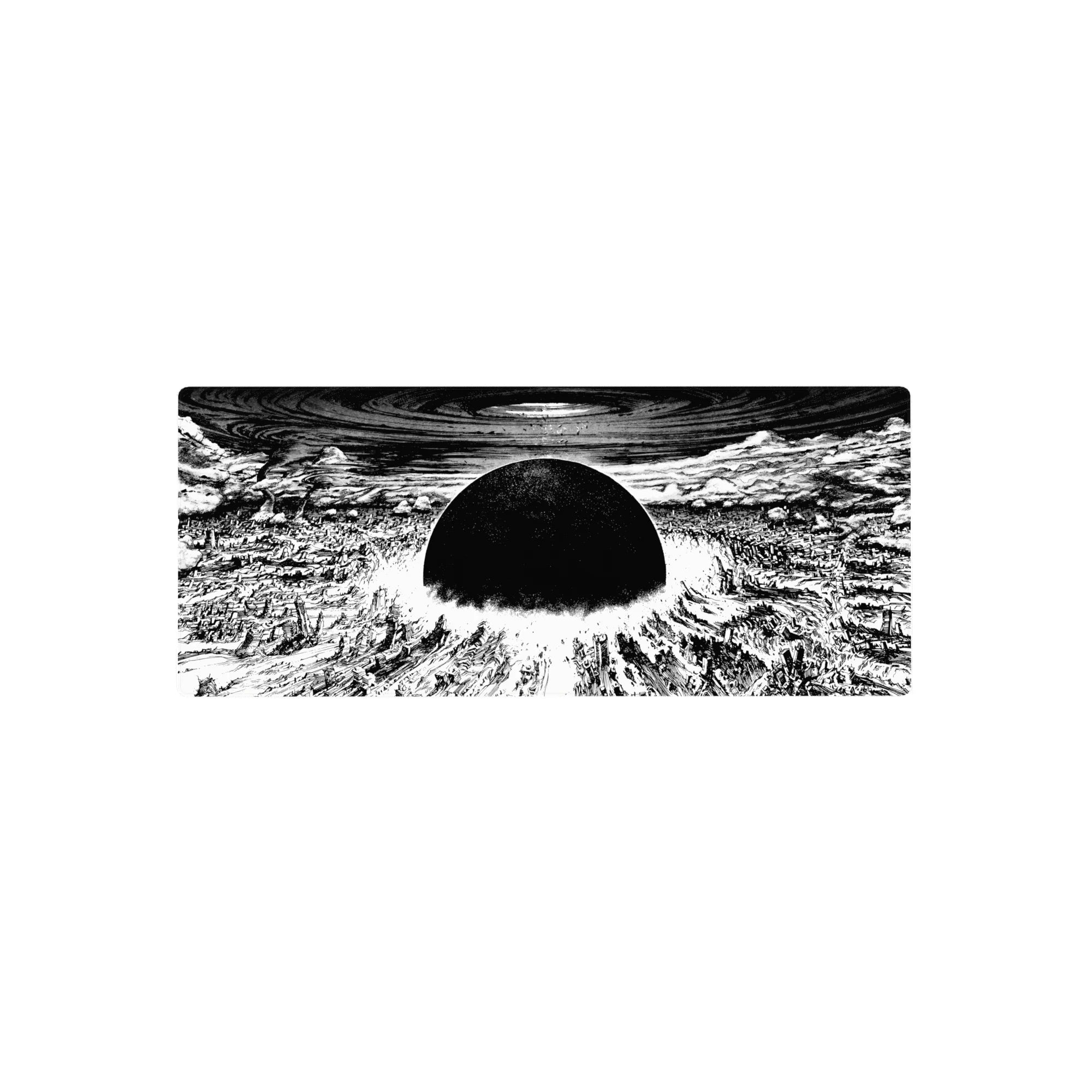 28x12 inches anime mouse pad with black sun over shattered city, sharp ink lines and stormy swirls.