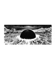 28x12 inches anime mouse pad with black sun over shattered city, sharp ink lines and stormy swirls.