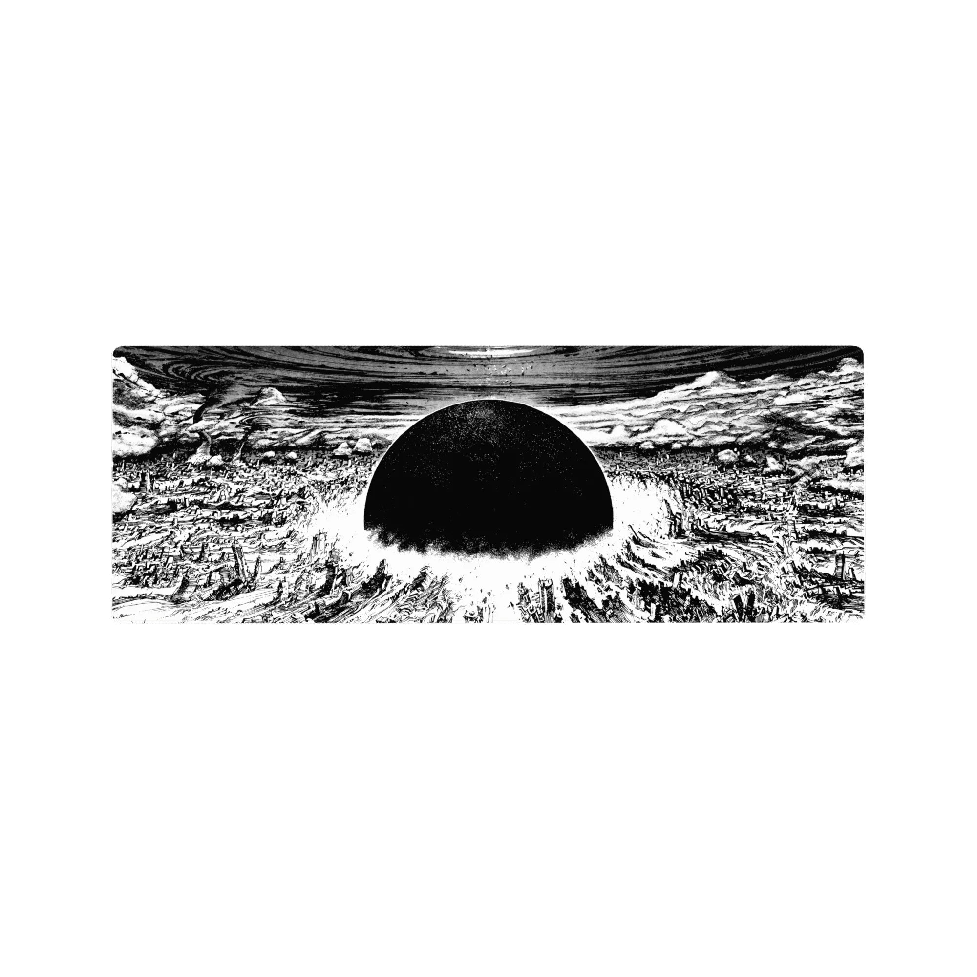 32x12 inches anime mouse pad with black sun over a shattered city skyline in sharp ink line art.