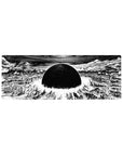 32x12 inches anime mouse pad with black sun over a shattered city skyline in sharp ink line art.