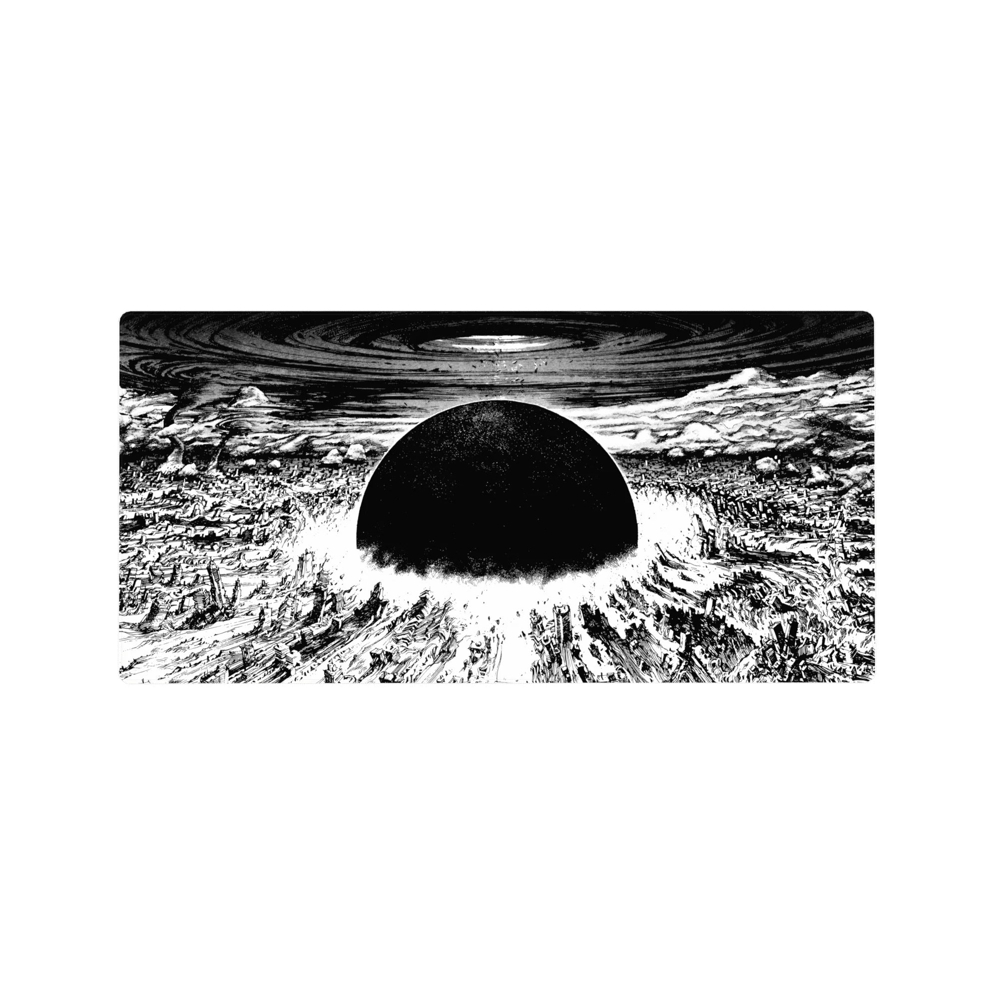 32x16 inches anime mouse pad with black sun over shattered city, sharp ink lines and blast ring center.