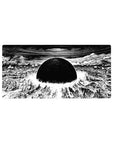 32x16 inches anime mouse pad with black sun over shattered city, sharp ink lines and blast ring center.