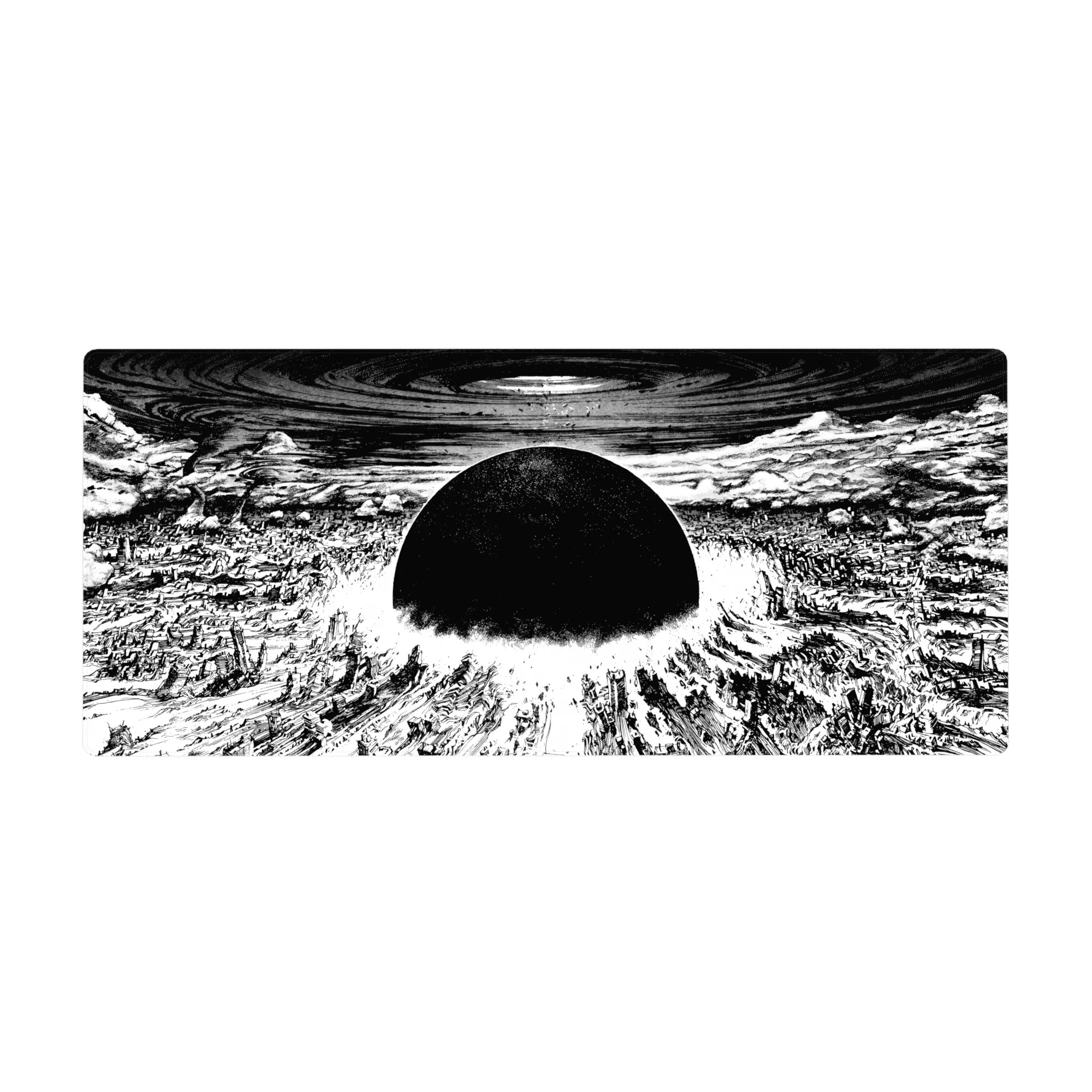 36x16 inches anime desk pad with black sun over shattered city, sharp ink lines and blast-ring center.