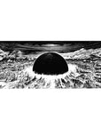 36x16 inches anime desk pad with black sun over shattered city, sharp ink lines and blast-ring center.
