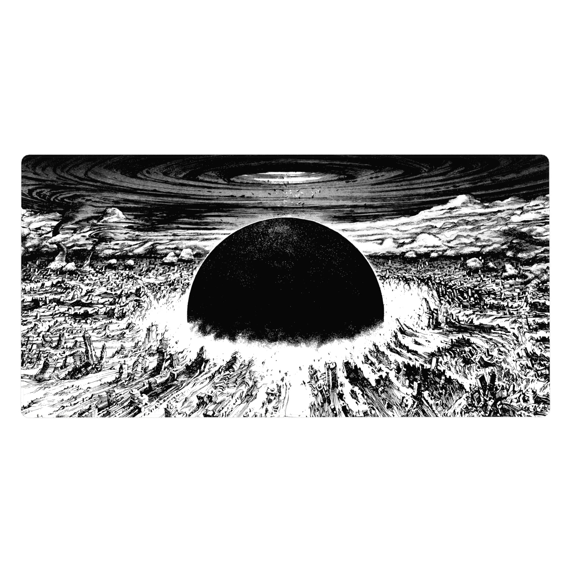 Anime desk pad 40x20 inches with black sun over shattered city, sharp ink lines and swirl sky.