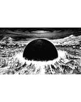 Anime desk pad 40x20 inches with black sun over shattered city, sharp ink lines and swirl sky.