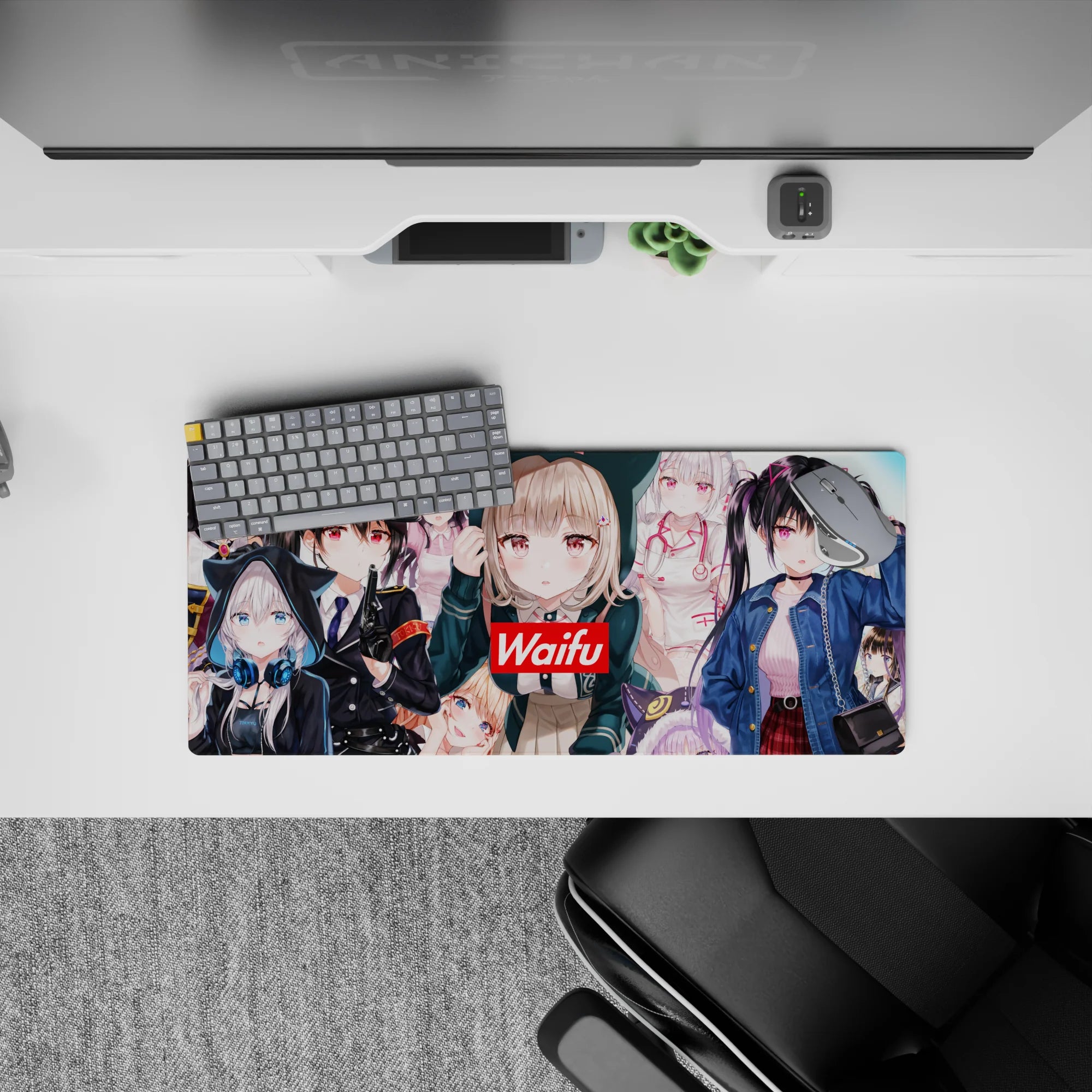 28x12 inches waifu anime girl mouse pad in pink, black, white, and denim blue for cozy chaos desk vibe.