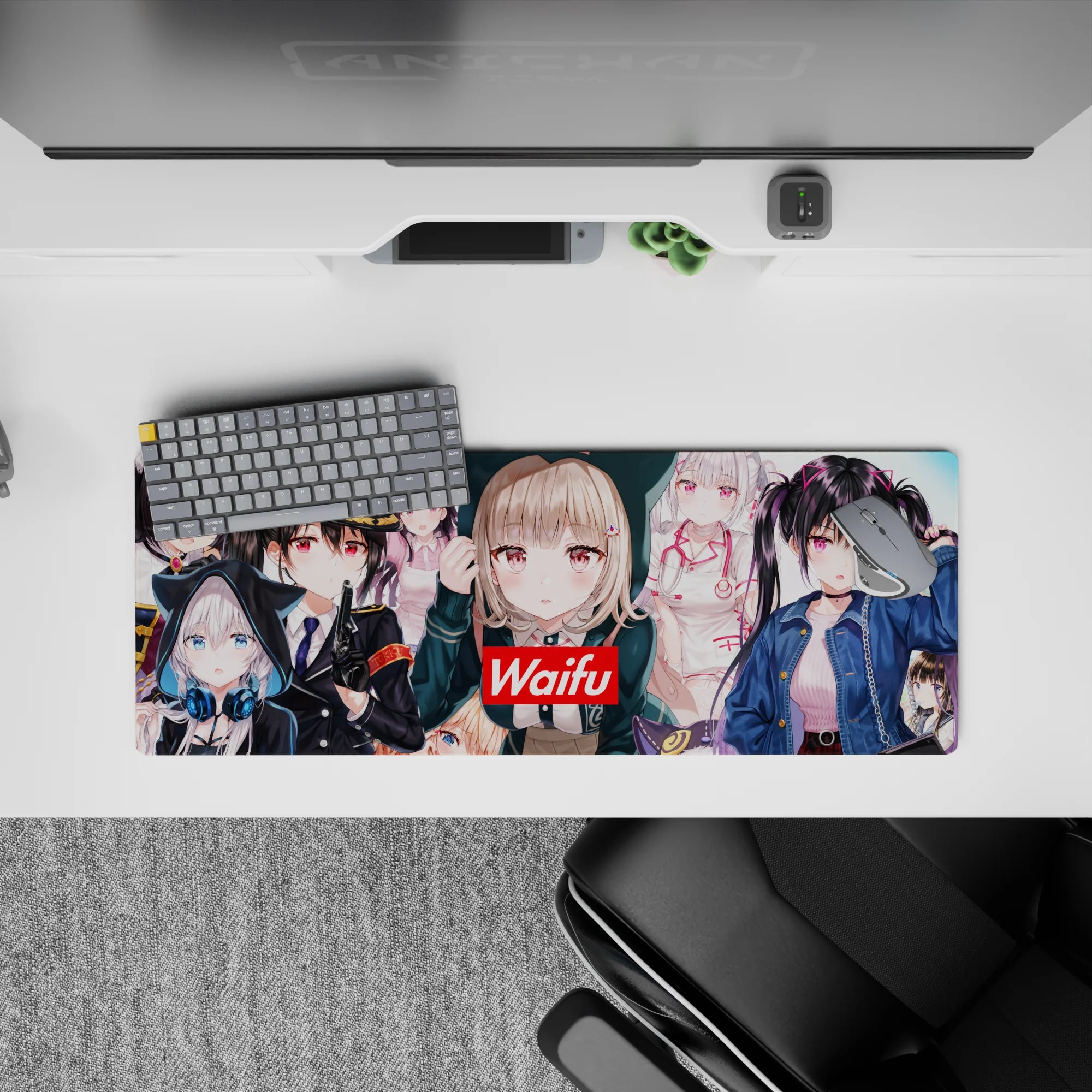 32x12 inches anime girl mouse pad in cozy chaos vibe, pink eyes, glossy blacks, whites, denim blues.