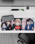 32x12 inches anime girl mouse pad in cozy chaos vibe, pink eyes, glossy blacks, whites, denim blues.