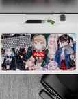 Bright cozy-chaos anime girl mouse pad in pink, black, white, and denim blue, 32x16 inches.