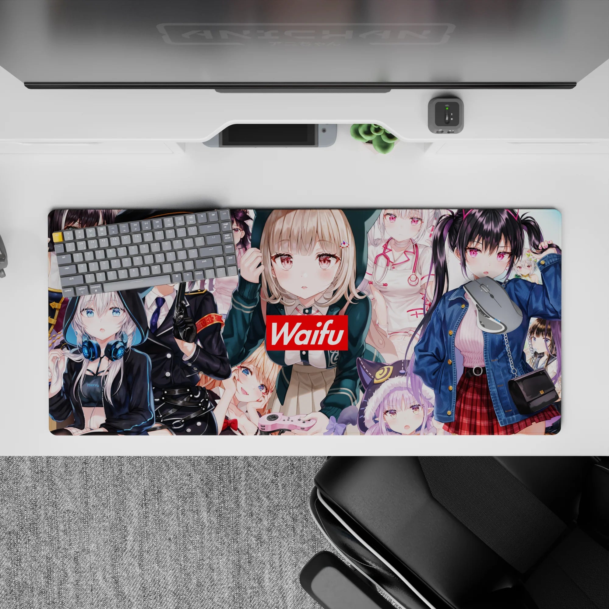 36x16 inches waifu anime desk pad in pink, glossy black, soft white and denim blue, cozy chaos vibe.