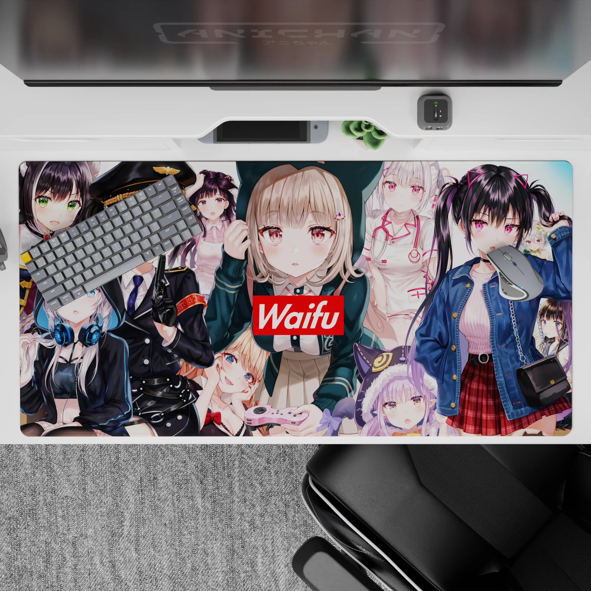 40x20 inches waifu anime desk pad in pink, black, white and denim blue, cozy chaos vibe with glossy details.