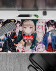 40x20 inches waifu anime desk pad in pink, black, white and denim blue, cozy chaos vibe with glossy details.