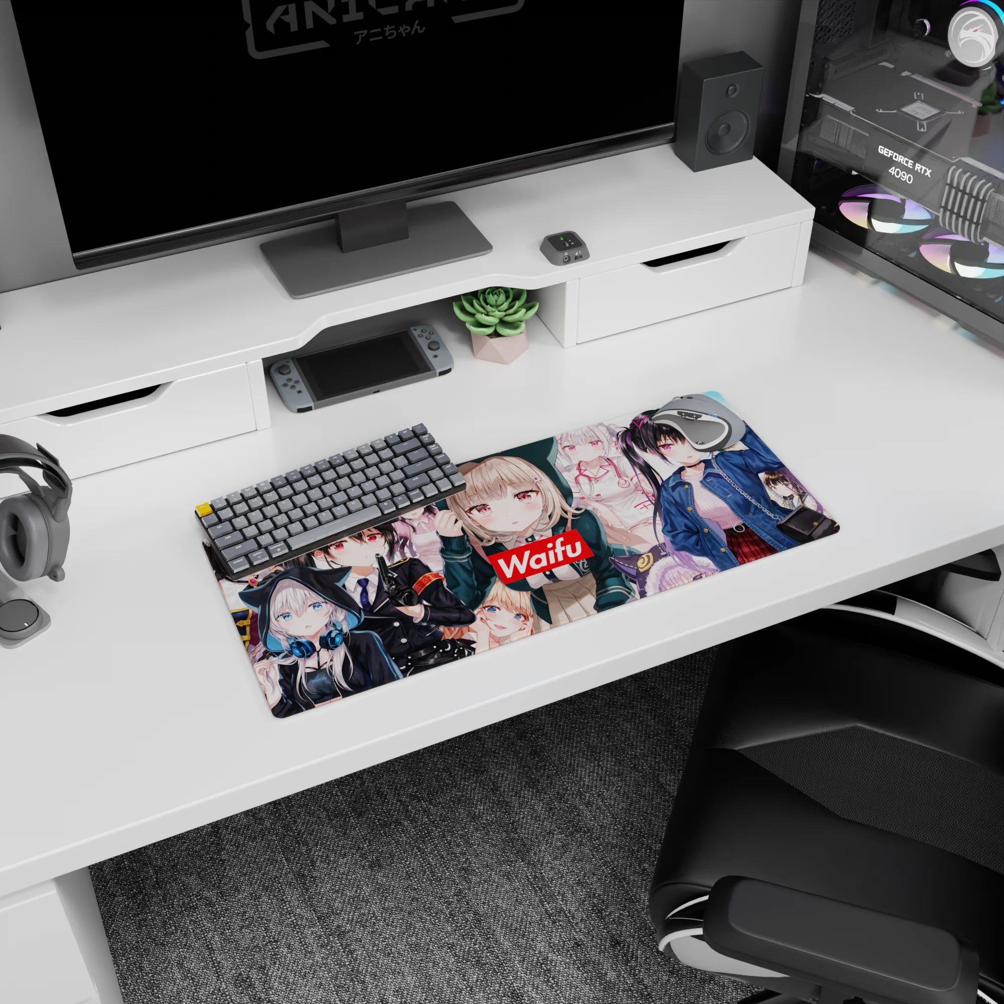 28x12 inches anime girl mouse pad showing cute waifus in hoodies, nurse details, and cap-uniform scene.