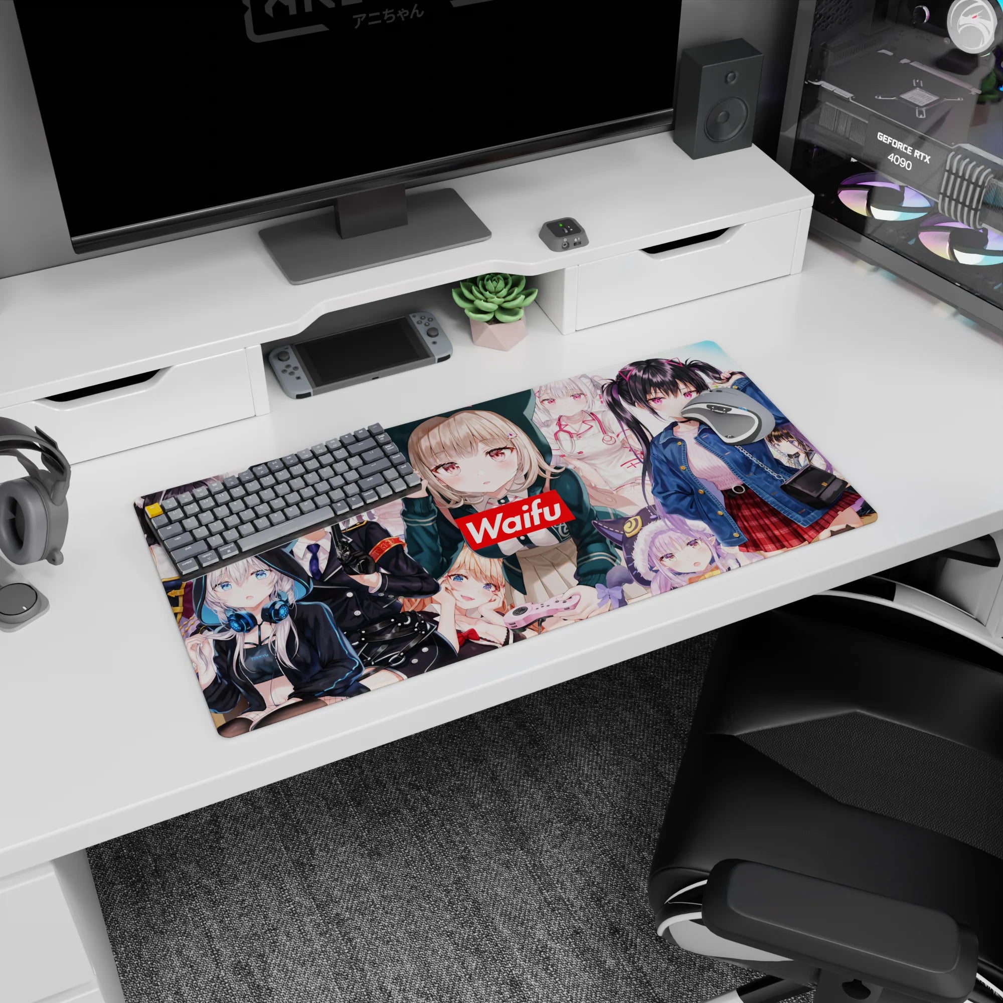 Anime girl desk mat scene with cute hoodies, nurse accents, and cap-and-uniform look, 32x16 inches.
