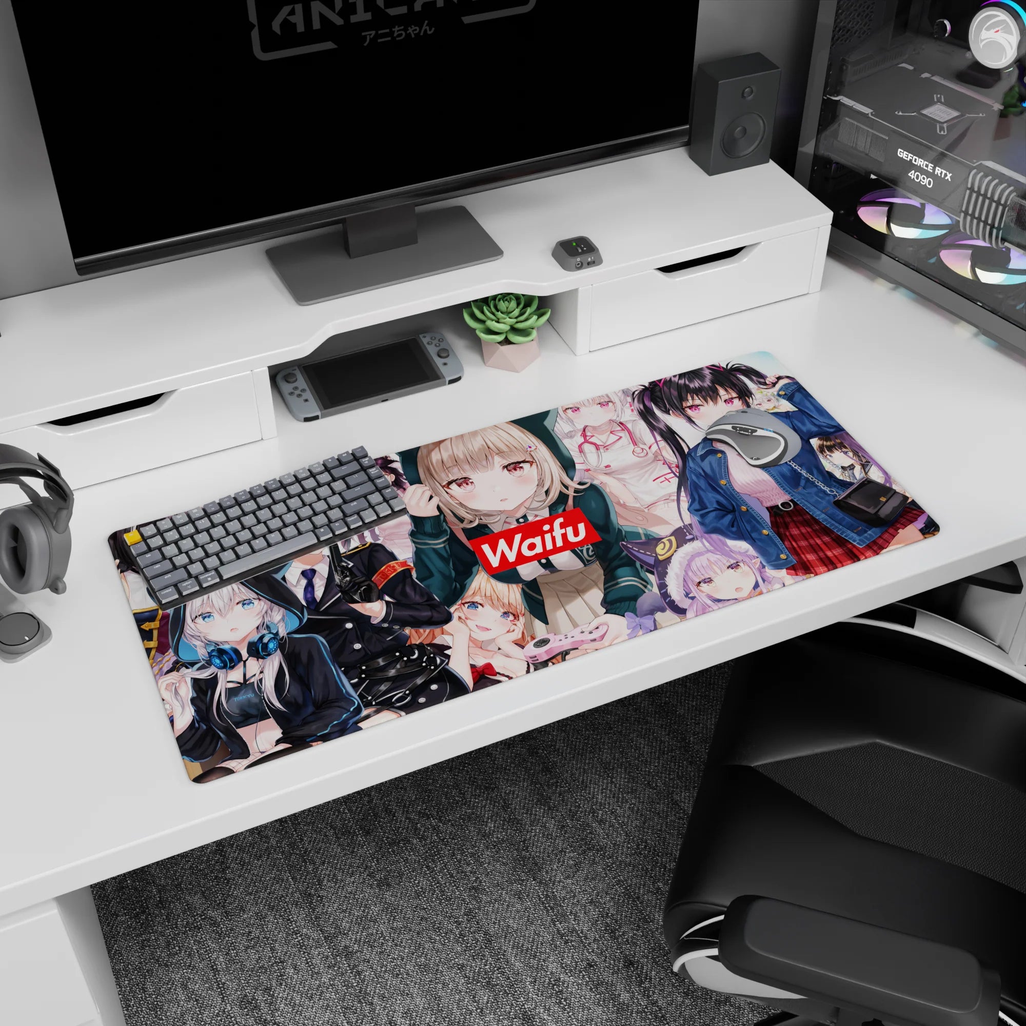 36x16 inches desk pad featuring waifu-style anime girls centered around a red Waifu badge, keeping you company.