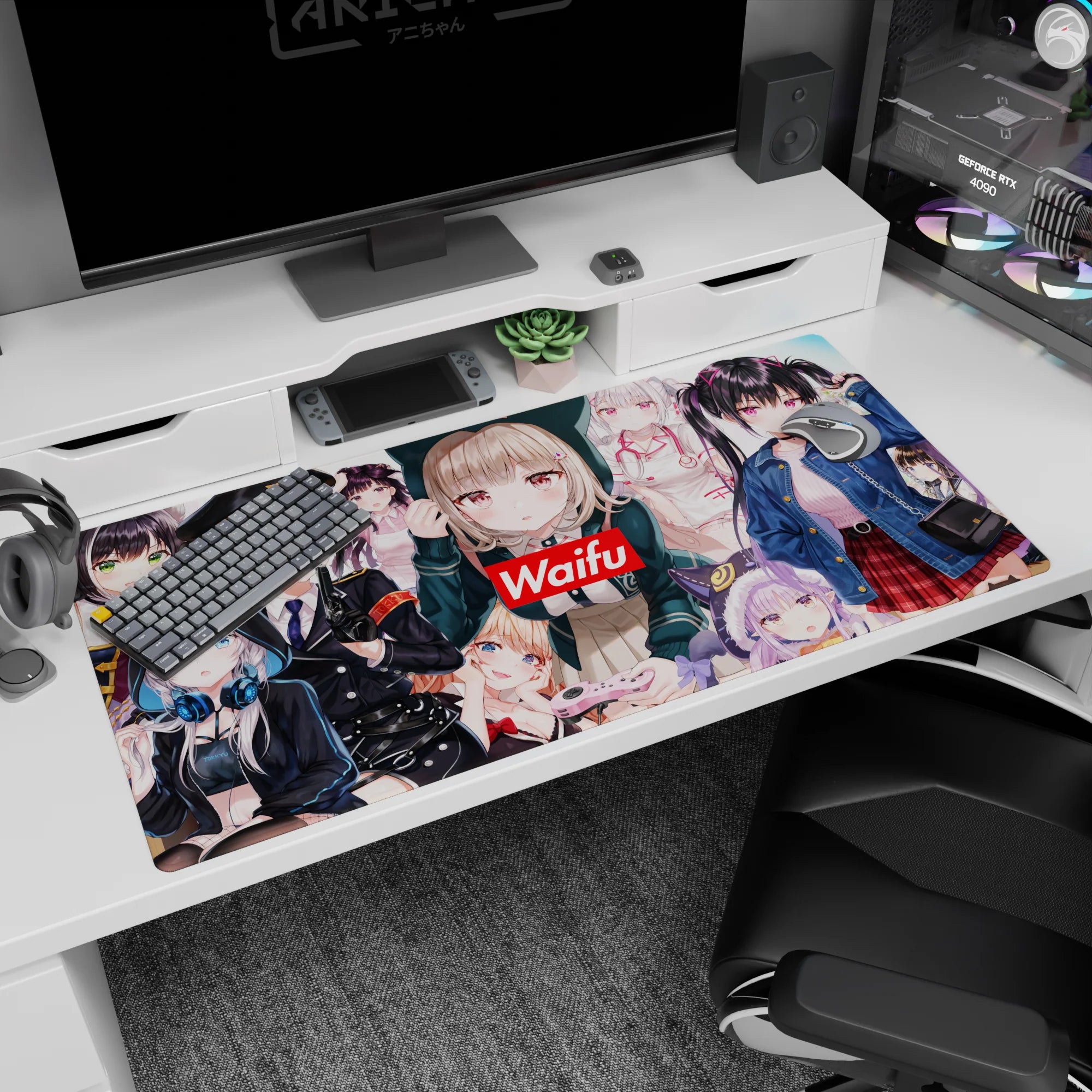 40x20 inches anime girl mouse pad featuring multiple waifus around a bold red Waifu badge at center.