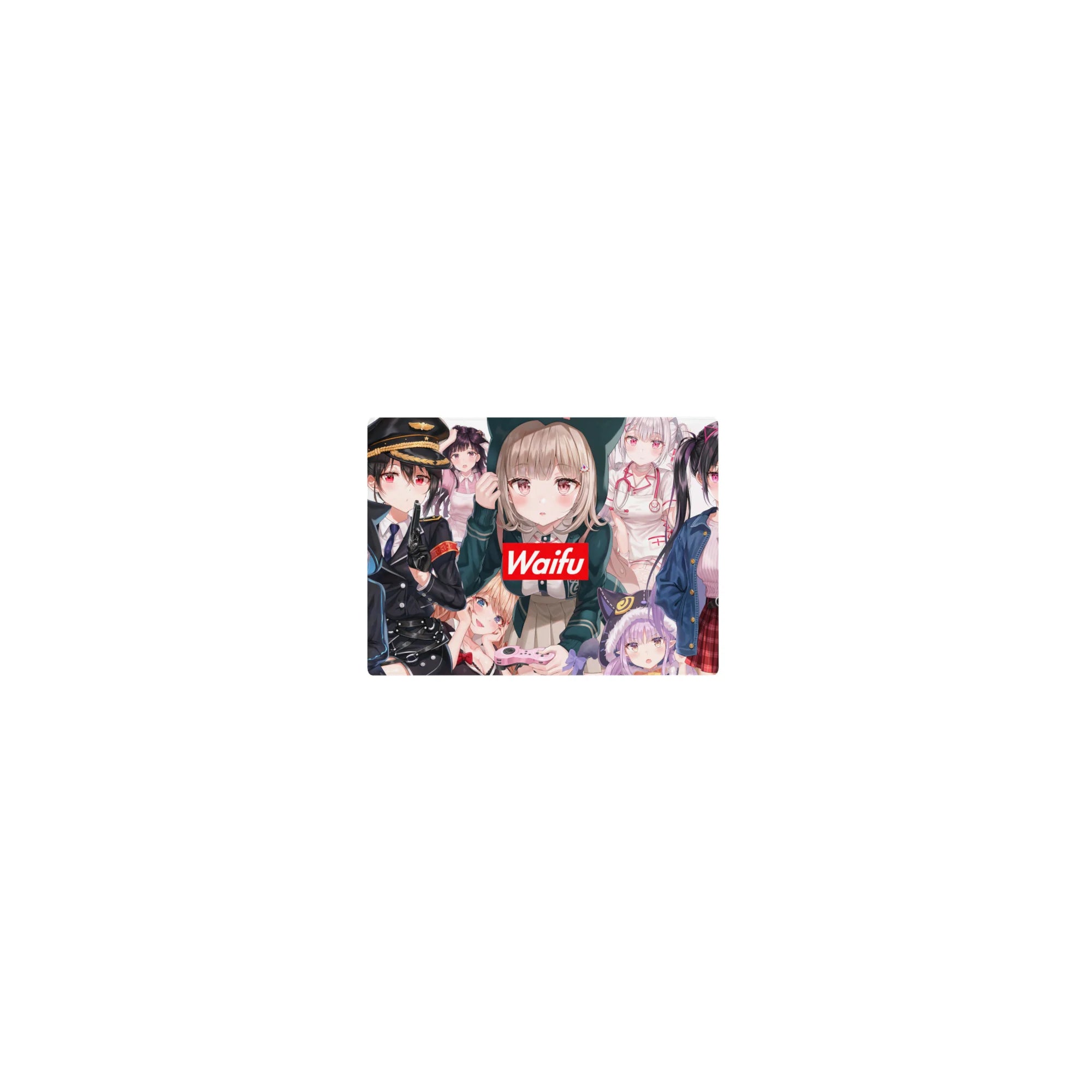 14x10 inches classic anime girl mouse pad with waifu collage and bold red Waifu badge, crisp print.