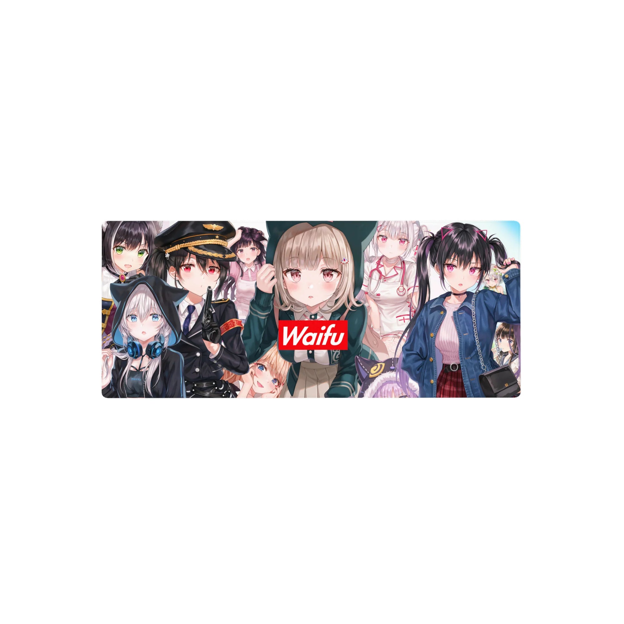 28x12 inches anime girl mouse pad with waifu collage, red Waifu badge center, mixed outfits and poses.