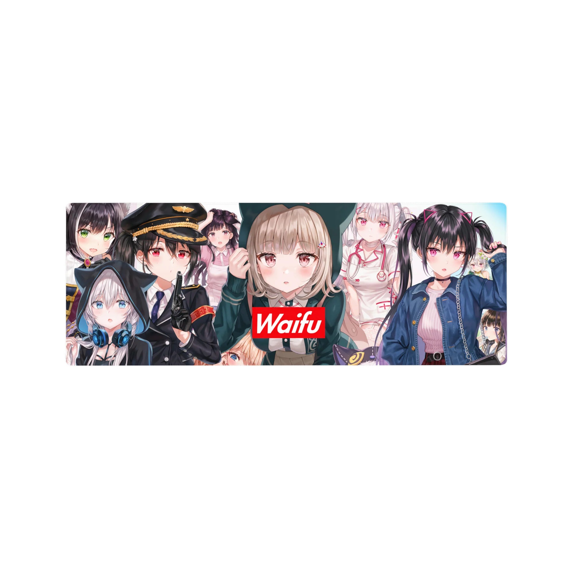 32x12 inches anime girl mouse pad with waifu collage and bold red Waifu badge, crisp desk mat print.