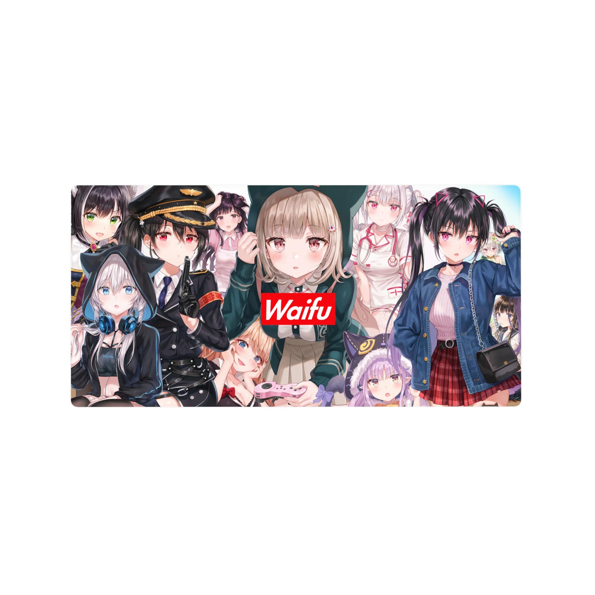 Waifu collage anime girl mouse pad, bold red Waifu badge center, 32x16 inches.