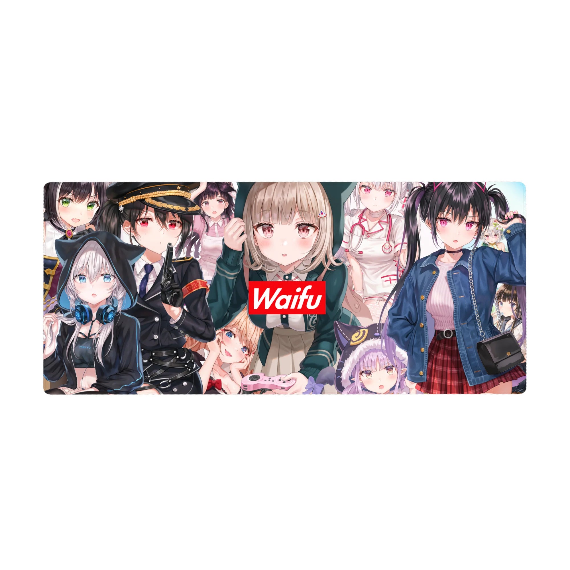 36x16 inches anime girl desk pad collage with bold red Waifu badge, hoodies, nurse and uniform looks.